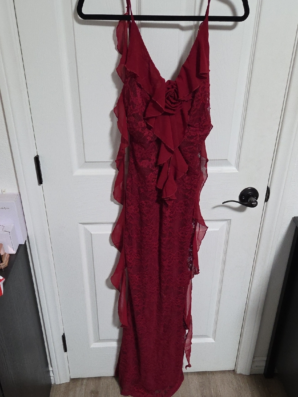 Red Ruffled Lace Maxi Dress with Floral Accent